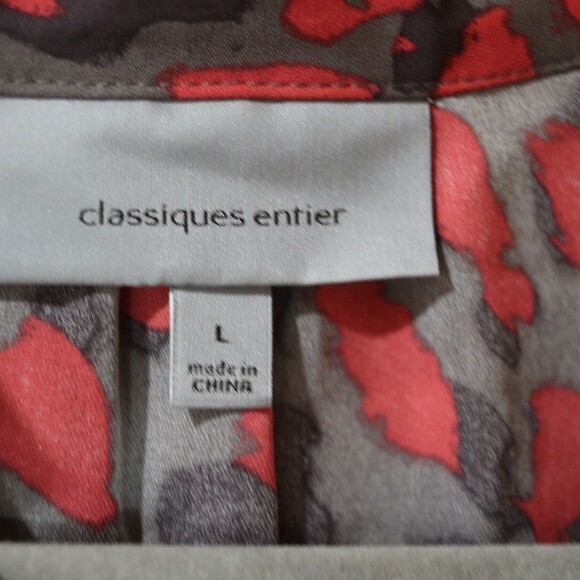 Classiques Entier Coral Print Animal  Print Button Up Ruffle Blouse LG Silk - Picture 11 of 12